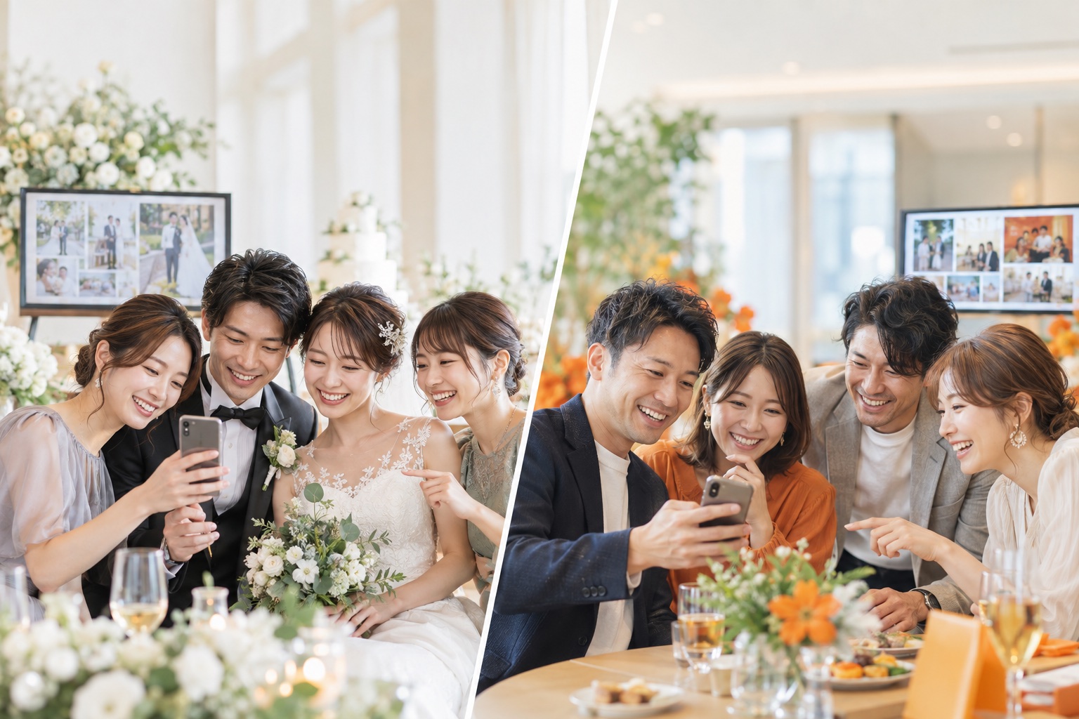 結婚披露宴とイベントで、ゲストがスマホの写真を楽しむイメージ