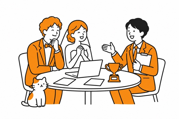 新郎新婦と司会者が賞と進行を相談するイラスト