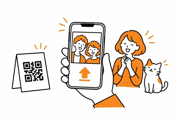 ゲストがQR案内からスマホで写真を投稿するイラスト