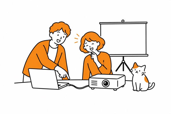 幹事がPCと投影機材の接続を確認するイラスト