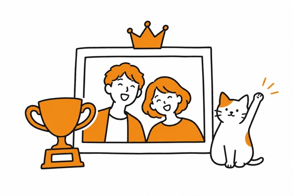 フォトコンテストの受賞写真とトロフィーのイラスト